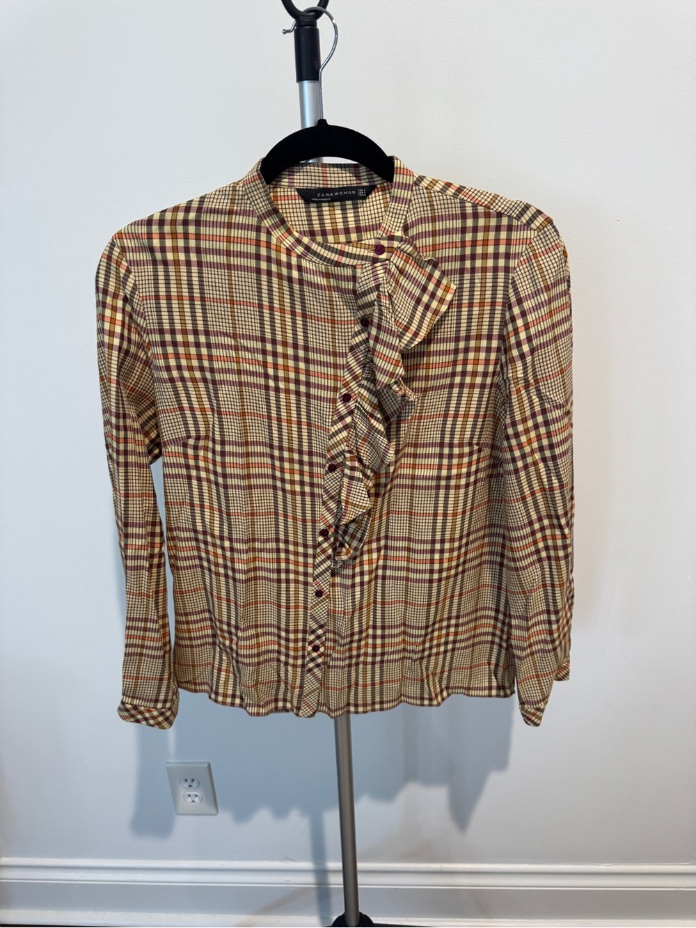 Zara Plaid Ruffle-Front Blouse - Tan/Burgundy